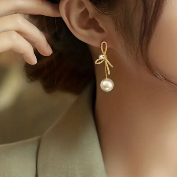 Private Label Jewelry - NEW Taylor Gold Pave Crystal Bow Pearl Drop Earrings Front to Back